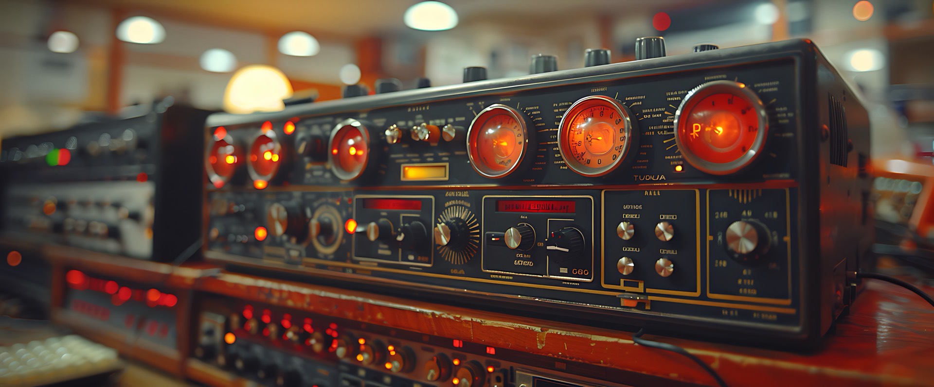 Consola de radio vintage con luces y diales iluminados